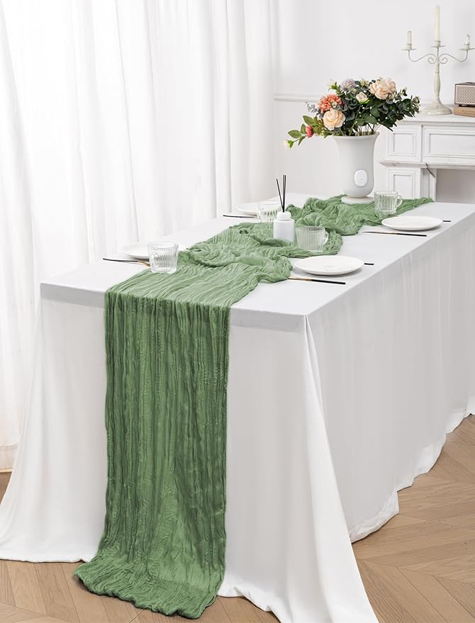 10 Pack Sage Green Cheesecloth Table Runner,10FT/120 Inch Boho Gauze Fabric Table Runner,Rustic Sheer Sage Green Cheese Cloth Runner Bulk for Wedding,Bridal Baby Shower,Birthday Party,Table Decor
