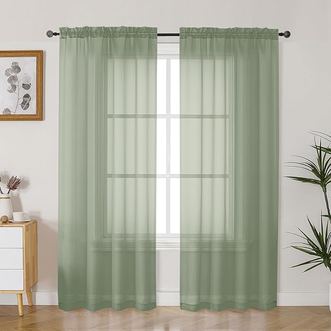 Gwine Sage Green Sheer Curtains 72 Inches Long 2 Panels Set for Front Door, Light Filtering Sheer Curtains for Living Room, Lightweight Rod Pocket Window Treatments Drapes, Each 42" Wx72 L