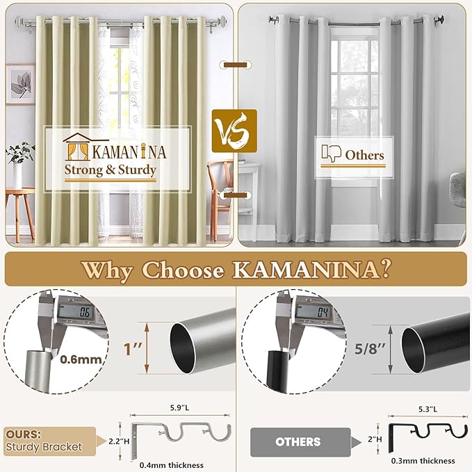 KAMANINA 1 Inch Double Curtain Rods 72 to 144 Inches (6-12 Feet) Telescoping Dark Silver Curtain Rod for Windows 69 to 140 Inches, Heavy Duty Drapery Rods with Square Finials