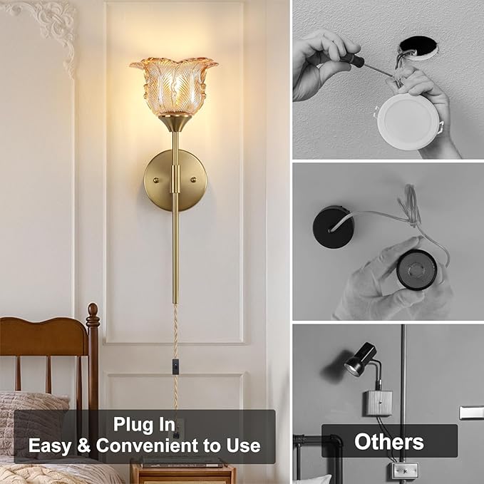 Plug in Gold Wall Sconce Set of 2 with Amber Glass Shades, Modern Mid Century Bathroom Vanity, Wall Light Fixtures, Brushed Brass Wall Lamp, for Bedroom Mirror Living Room, ETL Listed