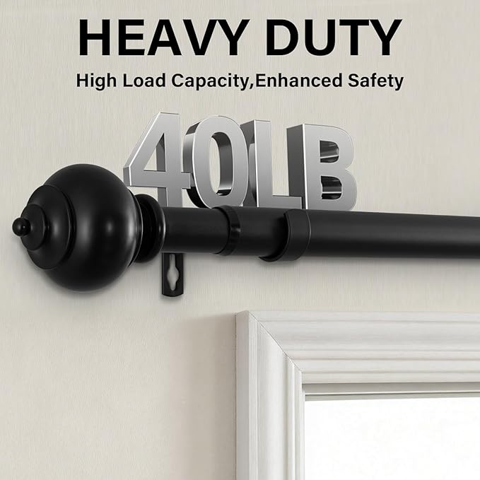 H.VERSAILTEX Curtain Rods for Windows 16.2 to 106.2 Inches 1 inch Diameter Adjustable Decorative Telescoping Curtain Rod with Brackets Heavy Duty Splicing Window Rods with Decorative Finials, Black