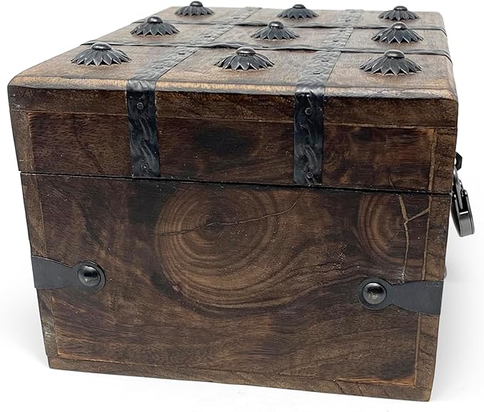 Nautical Cove Treasure Chest Wooden Box with Antique Iron Lock and Skeleton Key (Small 8x6x4.5) - Storage and Decor – Pirate Keepsake Chest, Decorative Storage Box with Hinged Lid