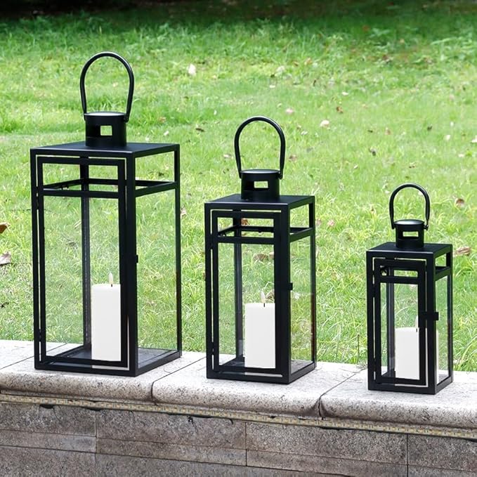 TRIROCKS Stainless Steel Lantern Set of 3 - Assorted Sizes (12/15/19 Inch) - Tall Metal Hanging Lanterns with Clear Glass Panels, Indoor & Outdoor Home Decor for Parties & Events - Black Finish