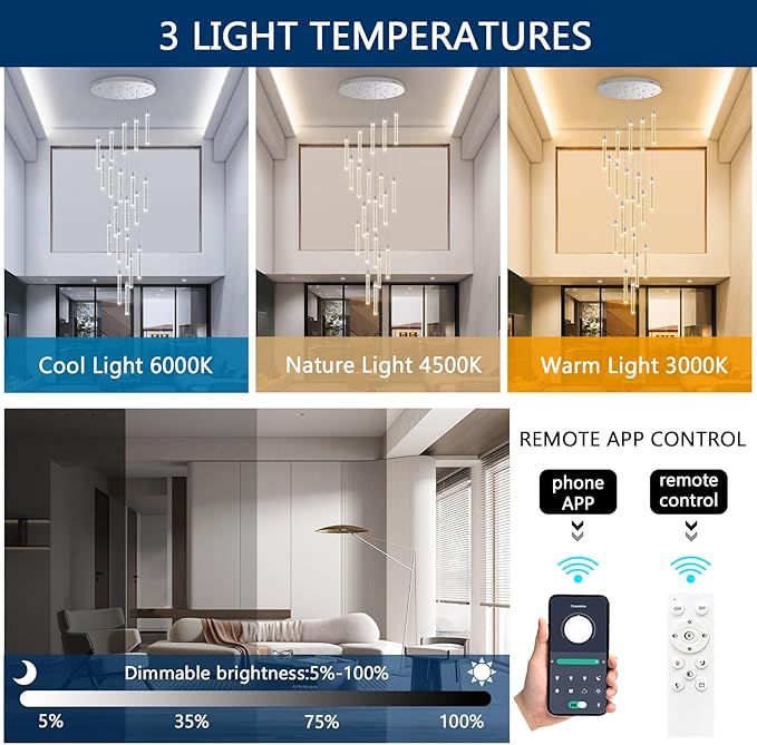 20-Lights Chandelier LED Dimmable Chandeliers for Entryway Flush Mount Ceiling Pendant Light Fixture Crystal Chandeliers for Living Room Chrome Finished Lighting Modern 156in High Ceiling Chandelier