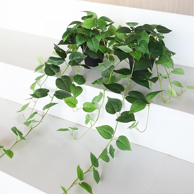 alyptus Fake Pothos Hanging Plants – 33" Set of 2 Faux Ivy Vines with Pots, Realistic Silk Devil’s Ivy for Indoor Décor, Low Maintenance Artificial Greenery for Home or Office (Green)