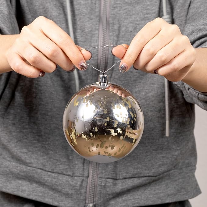 XmasExp Large Christmas Ball Ornaments,4pcs Silver Giant Shatterproof Plastic Hanging Mercury Xmas Ball Decorations Christmas Tree Ornaments (Silver, 4")