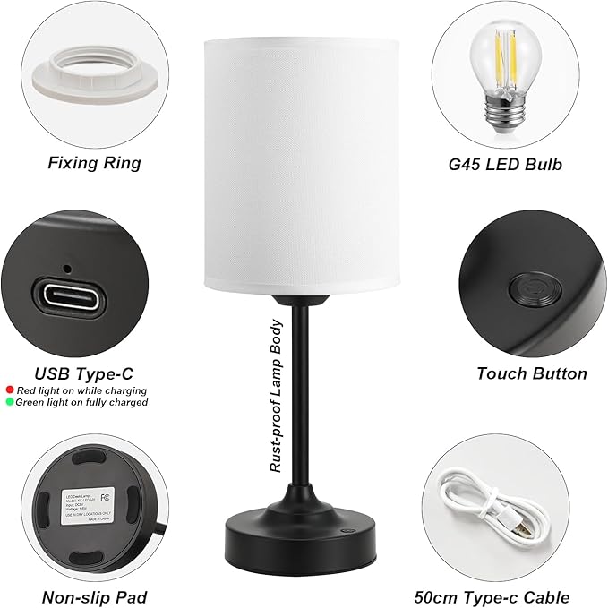 Touch Control Cordlss Table Lamp, USB-C Rechargeable Lamp with Stepless Dimming, 4000mAh Battery Operated Bedside Lamp for Bedroom, Living Room, Night Light & Emergency Lighting, Black, 2 Pack