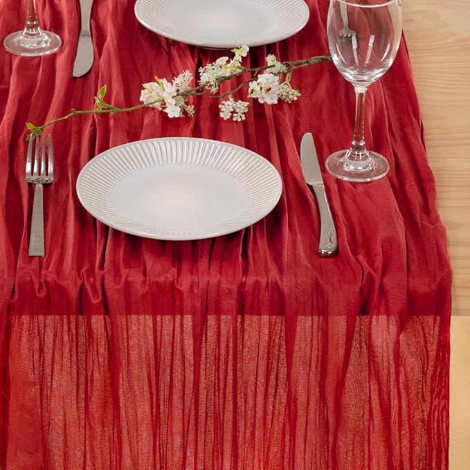 MLMC Red Table Runner 10ft Boho Gauze Cheesecloth Valentines Table Runner Rustic Cheese Cloth Decor 35x120 Inches for Wedding Reception Annniversary Home Valentine's Day Decor
