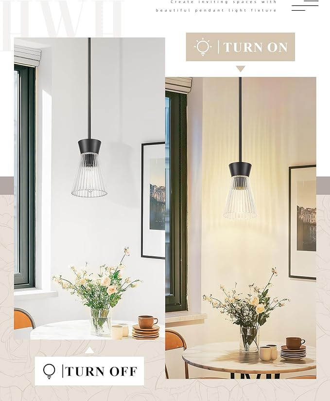 Pendant Lights Kitchen Island, HWH Hanging Light Fixture Set of 2, 5.6 Inch Pendant Light Fixtures Ceiling with Clear Striped Glass, Matte Black Finish, 5HZG107MIL-2PK BK