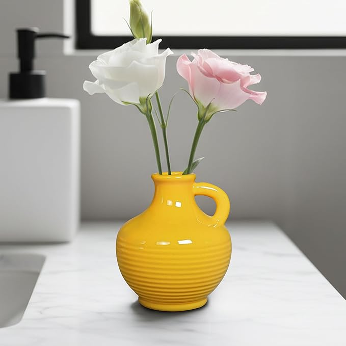 Sunddo Yellow Ceramic Vase 6 Inch - Small Modern Decorative Vase with 1 Handle for Home Decor, Living Room, Kitchen, Shelf, and Centerpiece Table Decorations