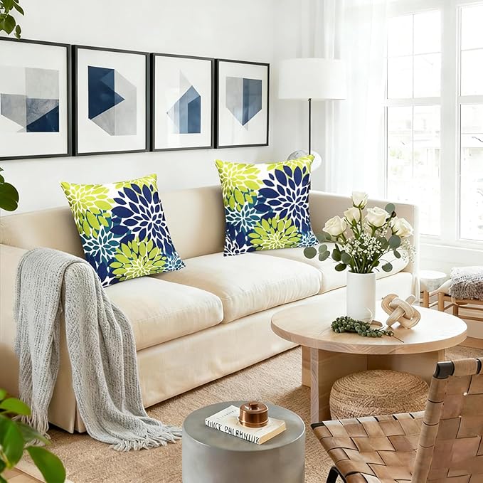 Decorative Throw Pillow Covers Set of 2 Blue Green pillow covers 20x20 Inch Couch Pillow Covers for Sofa Living Room Outdoor throw pillow cover Linen Square Floral Flower Farmhouse Pillowcase