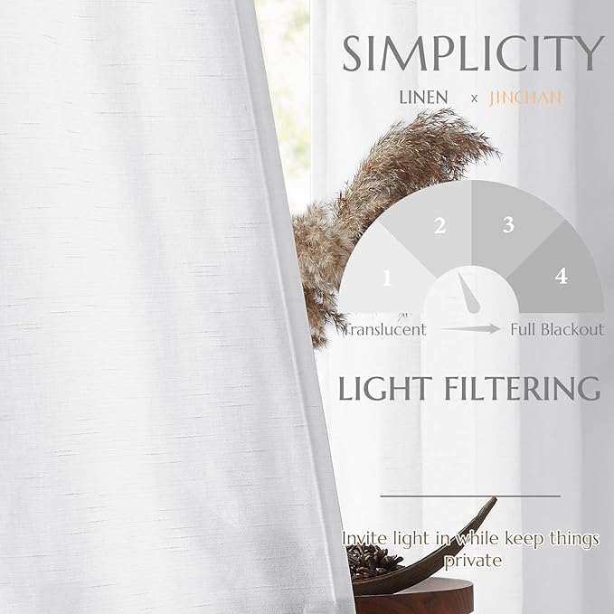 jinchan Linen Curtains for Living Room Bedroom Light Filtering Semi Sheer Curtains Boho Farmhouse French Country Cottage Core Decor Window Drapes Back Tab 90 Inch Length Tassel Off White