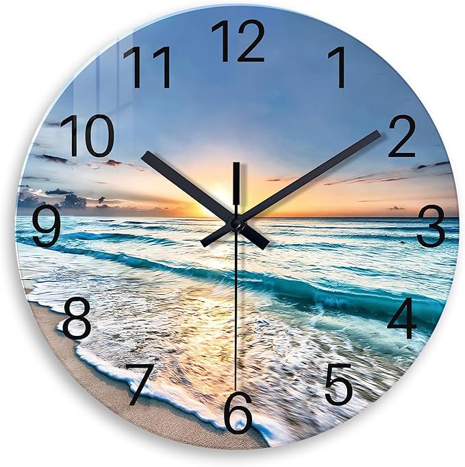 Blue Beach Wall Clock for Bedroom Glass Wall Clocks Battery Operated 12 Inch Analog Wall Clock Silent