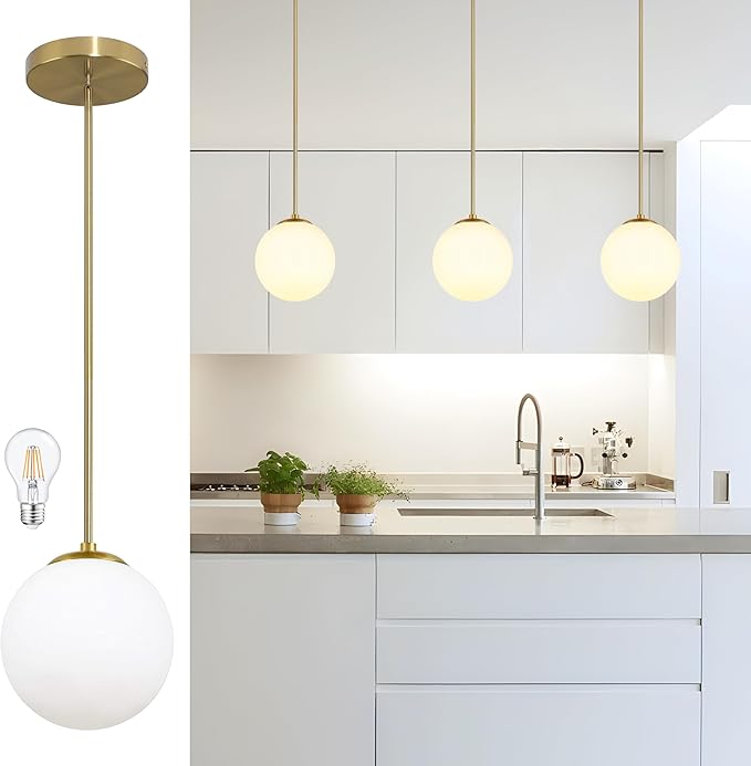 8" Globe Pendant Light Gold Mid Century Modern Light Fixture Globe Pendant Lights Kitchen Island Milk Glass Pendant Light Brushed Brass Finished with Milk Glass Lampshade for Dining Room