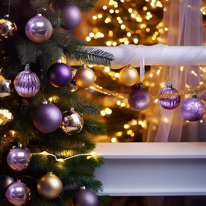 AMS 2.36''/60mm 34ct Christmas Ball Large Ornaments Party Decorations Shatterproof Festival Pendant Hangings for Xmas Tree Decor (60mm, Light Purple)