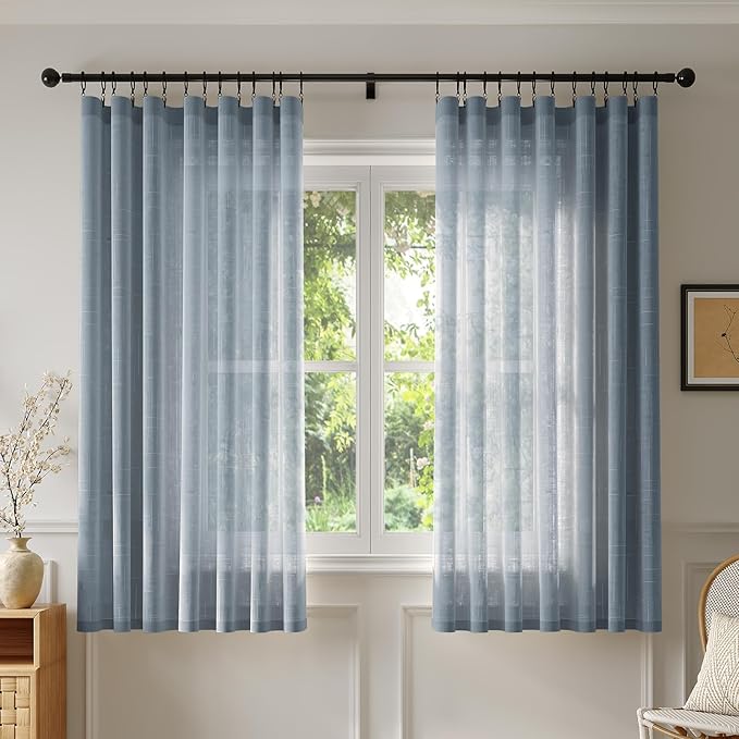 Anmao Natural Linen Curtains for Living Room 45 Inch Length 2 Panels Set, Light Filtering Semi Sheer Window Curtain Drapes for Bedroom with Curtain Rings and Clips, 52Wx45L, Haze Blue