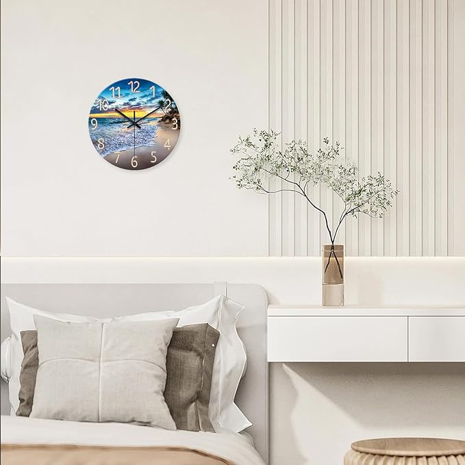 Glass Beach Wall Clocks Battery Operated 16 Inches or Larger Analog Wall Clock Silent Non Ticking Blue Wall Clock for Living Room