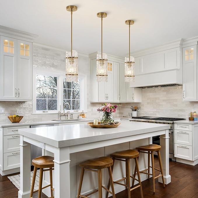 Gold Crystal Pendant Light for Kitchen Island,Luxury Mini Water Ripple Glass Chandelier Lights Fixture, Modern Round Adjustable Hanging Pendant Lighting for Dining Room Bedroom Hallway (3-Pack)