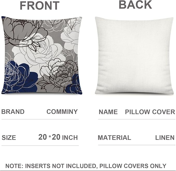 COMMINY Blue Grey Pillow Covers 20x20 Set of 6 Decorative Daisy Flower Throw Pillow Cover for Couch Modern Farmhouse Cushion Cover for Living Room Bed Patio Home Decor