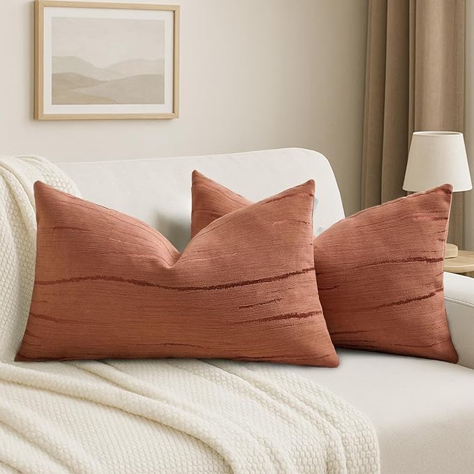 HAUSSY Rust Throw Pillow Covers 12x20 Inch Set of 2, Boho Embossed Striped Textured Lumbar Decorative Pillowcases Soft Chenille Cushion Cases, Modern Home Decor for Couch Bed Living Room