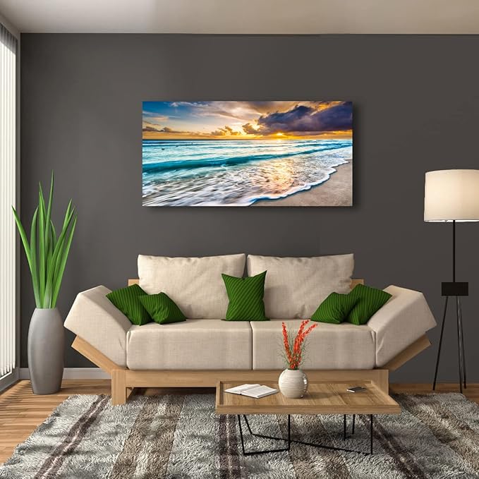Beach Seascape Pictures Canvas Wall Art for Home Decor Wave Sunset Prints Paintings for Living Room Bedroom Decorations Natural Landscape Artwork 20x40inches