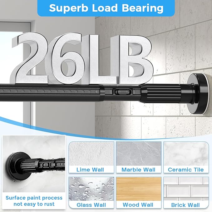 AIZESI 41-144 Inch Heavy Duty Black Tension Curtain Rod - No Drilling, Adjustable, Rust-Resistant for Outdoor, Living Room, Window, Bathroom