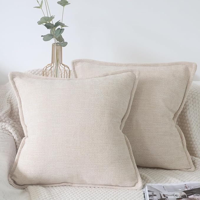 OYIMUA Beige 18x18 Chenille Throw Pillow Covers Set of 2 | Farmhouse Decorative Pillowcases for Couch & Bed | Soft Luxury Accent Pillows for Living Room