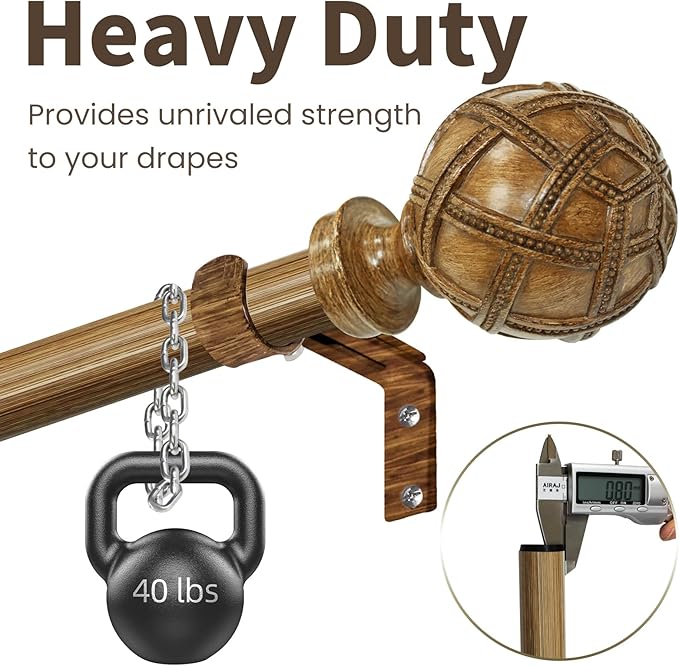 Wood Curtain Rods for windows 84 to 120 Inch(7-10ft): 1 Inch Adjustable Heavy Duty Curtain Rod,Netted Wood Grain Window Curtains Rods for Farmhouse,Living room, bedroom, kitchen, etc. Size:36-120"
