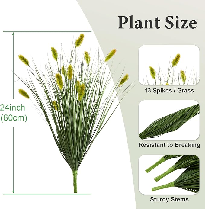 24 inches Extra Lush Artificial Reed Grass (6pcs), Luxury Fake Plants with 13 Heads Dogtail Flower, Luxury Faux Greenery with Dogtail for Garden Porch and Home Decor (Green-13)