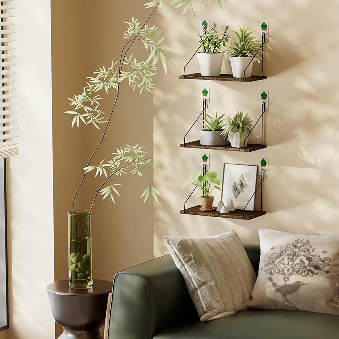 Elevate Your Space with Rustic Wood Floating Shelves Set of 3- Perfect for Bedroom, Living Room, Bathroom, and Kitchen Decor - Easy Installation, No Drilling Needed! Brown