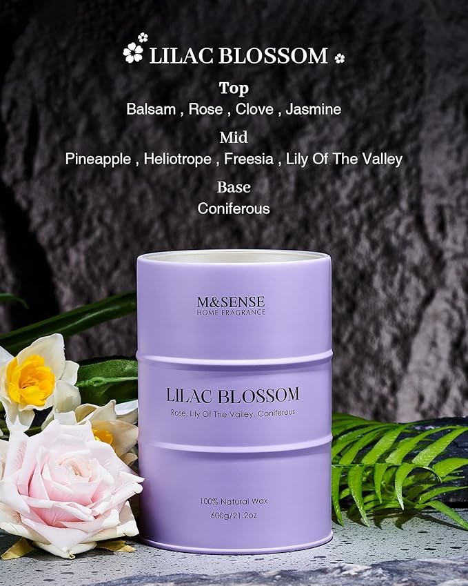 M&SENSE Lilac Blossom Soy Candles for Home Scented, 21.2oz 120 Hour Long Burning Large Aromatherapy Candle for Stress Relief Meditation Yoga Relaxing SPA, Housewarming Gifts for Women