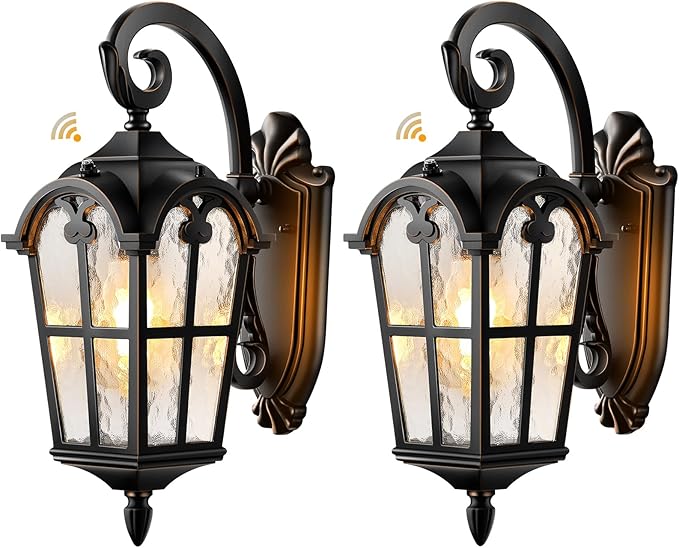 VIANIS Outdoor Lights for House, Black Dusk to Dawn Outdoor Lights with Gold Trim, 2-Pack Modern Outside Wall Light, Coach Lighting for Garage with Ripple Glass, Aluminum Waterproof and Anti-Rust
