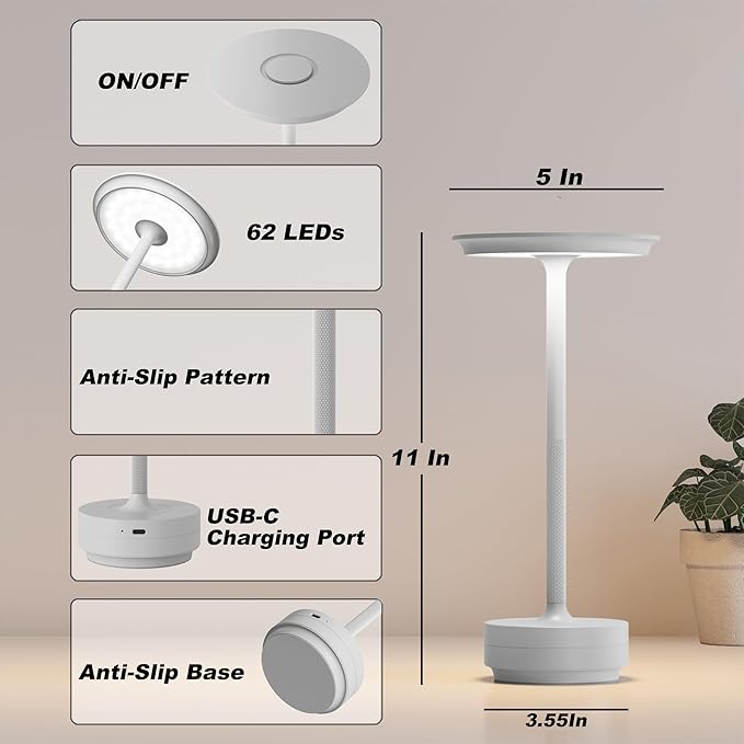 1 Pack Rechargeable Table Lamps Cordless, Portable 5000mAh Outdoor Table Light, 3 Color Stepless Dimming LED Table Lamp with Memory Function, for Home/Dinner/Patio/Restaurant.(Light Gray)