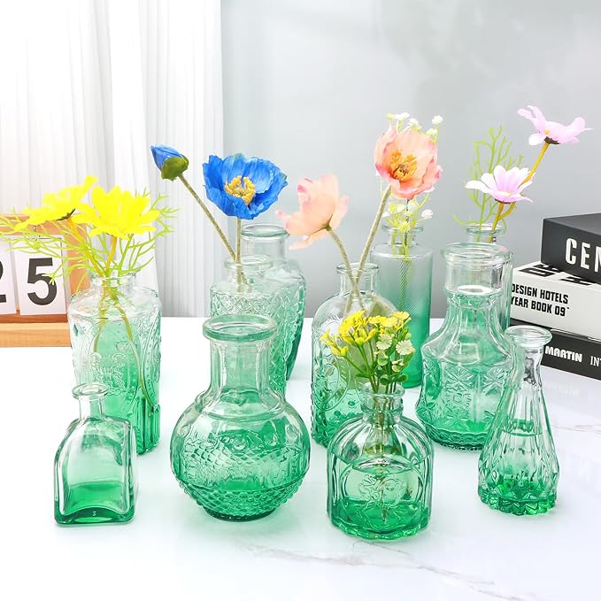 Brajttt Bud Vase Set of 25, Green Vases, Glass Bud Vases in Bulk, Small Vases for Mini Flower Vase Set, Cute Vintage Glass Vases Set for Flower,Wedding,Home,Centerpiece Table Decorations