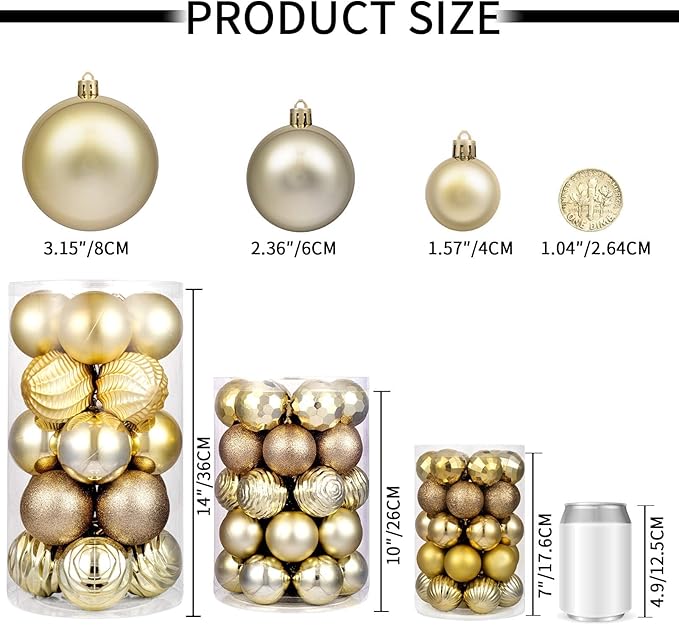 XmasExp Christmas Ball Ornaments (1.57", Champagne Gold) 24ct Christmas Ball Ornaments Shatterproof Xmas Tree Hanging Balls Decorations Perfect for Holiday Wedding Christmas Decor