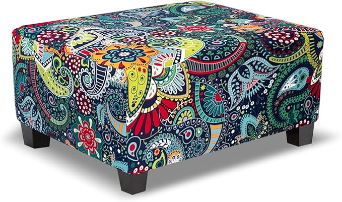 Ottoman Cover Rectangle Printed,Stretch Slipcover for Rectangular Footstool,Soft Fabric with Non-Slip Elastic Bottom,Furniture Protector for Living Room or Bedroom,X-Large,Navy & Green