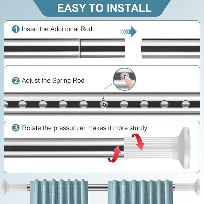 ZOCONE Shower Curtain Rods 51-148 In(4.25-12Ft), Tension Curtain Rods No Drilling, Heavy Duty Long Tension Rod, Outdoor Curtain Rods for Patio, Curtain Pole Christmas Garland Rod, Stainless Steel