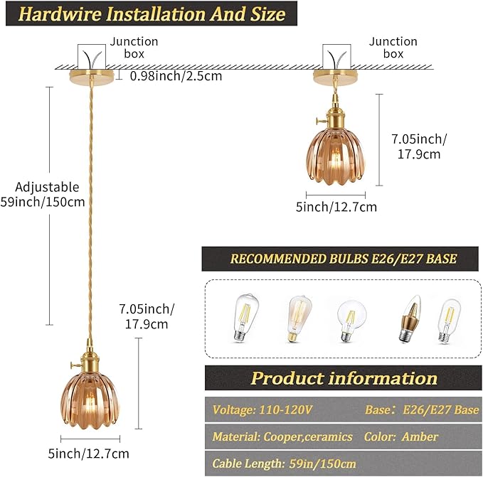 Pendant Light 2 Pack with Amber Tulip Glass Lmapshade, Brass Vintage Pendant Light Adjustable Hanging Light for Kitchen Island Dining Room Hallway