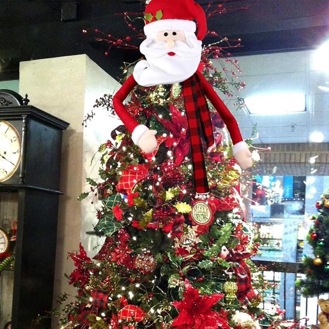Large Christmas Tree Topper Hat Santa Claus with Buffalo Plaid Scarf for Holiday, Xmas Trees Ornament Christmas Decorations Party Supplies