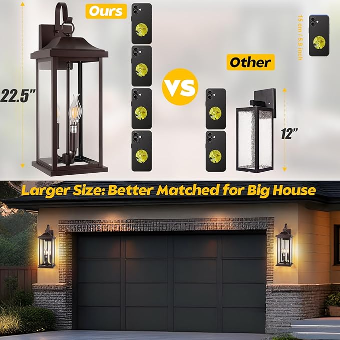 23” Extra Large 3-Light Oil Rubbed Bronze Outdoor Light Fixtures 2 Pack, IP65 Waterproof Vintage Outside Lights for House Brown Front Porch Light Lanterns Exterior Coach Lights, E12