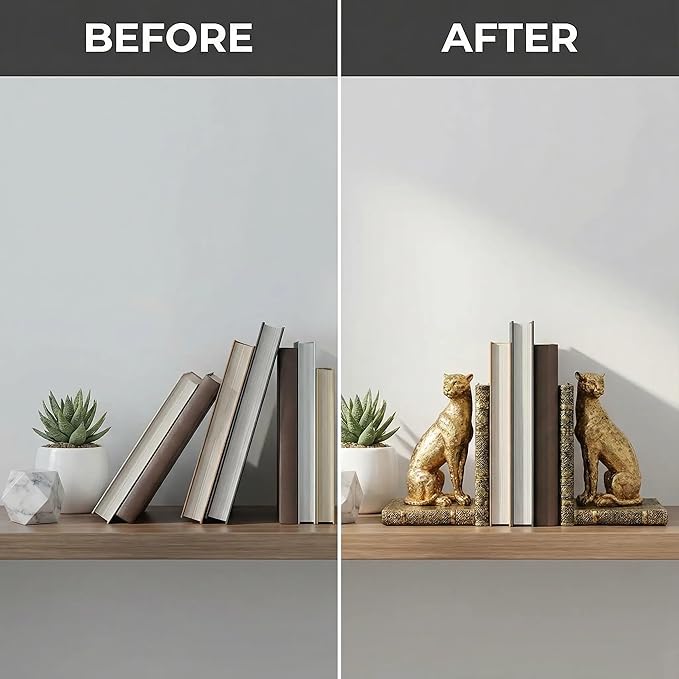 Comfy Hour Gold Cheetah Decorative Bookends, Unique Leopard Wildlife Art Book Ends for Shelves, Heavy Duty Resin Animal Statues for Books, 1 Pair