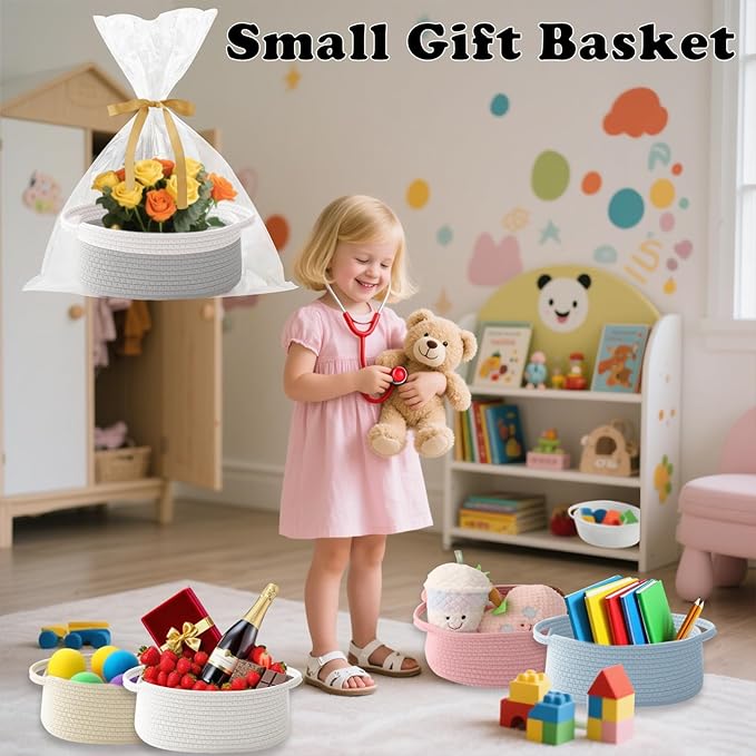 Small Woven Rope Basket-Empty Gifts Basket with Bag and Ribbons,Cute Handle Organizer Box for Birthday/Baby Shower, Toy Storage, Nursery Organizing & Shelf Decor(White&Grey)