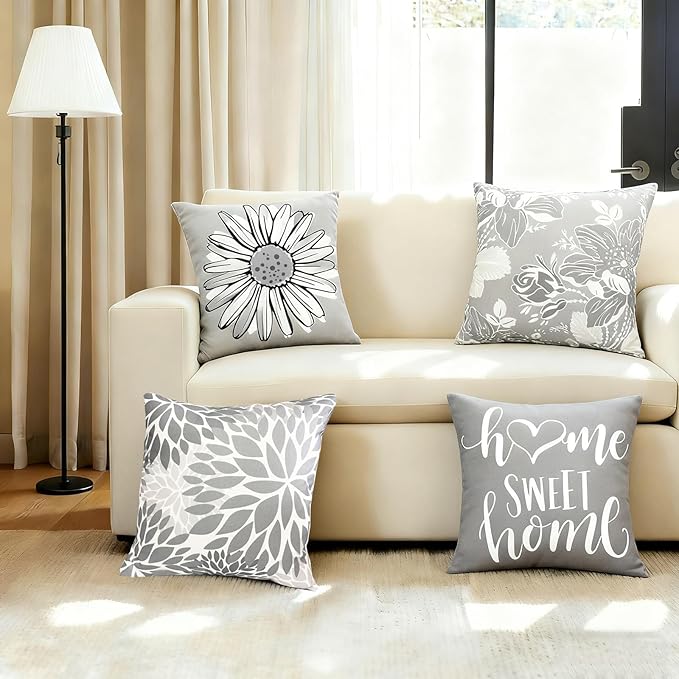 Decorative Throw Pillow Covers Set of 4 Gray Pillow Covers 20x20 inch Throw Pillow Cases Linen Square Pillow Case,Farmhouse Outdoor Modern Boho Pillow Covers for Couch Sofa Living Room