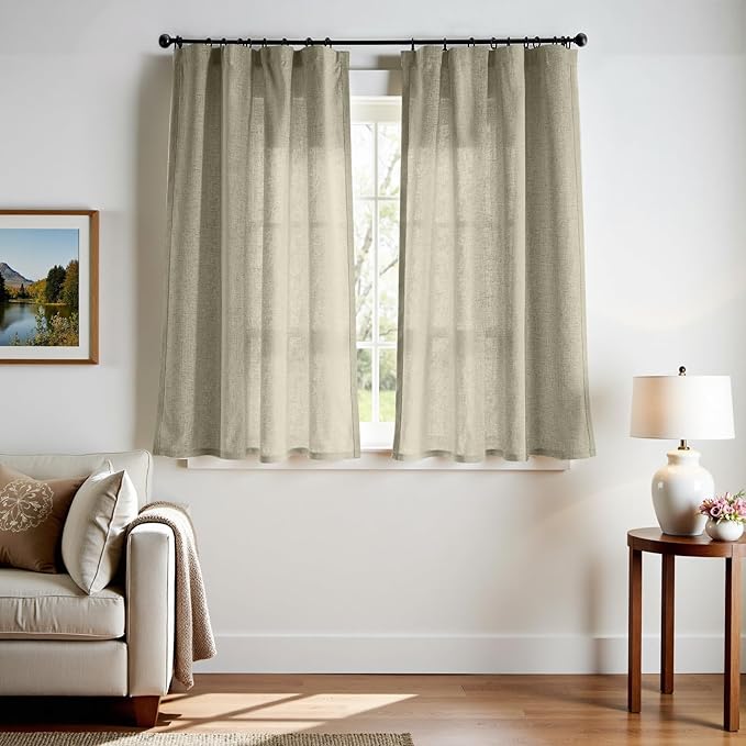 jinchan Linen Blend Curtains 63 inch Length 2 Panels for Bedroom Living Room, Semi Sheer 50 inch Wide Farmhouse Cottage Core Style Drapes with Rod Pocket Back Tab(50W x 63L, Light Green)