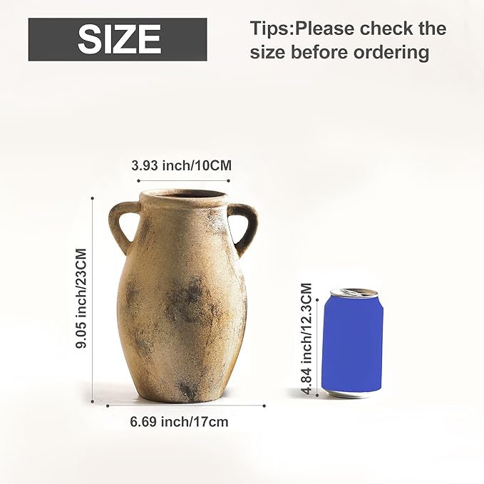 Ceramic Vintage Vase with Handles - 9.05 inch Terracotta Vase - Decorative Tall Pottery vase - Flower Vase for Home Farmhouse Decor, Dining Table, Living Room, Kitchen, Office