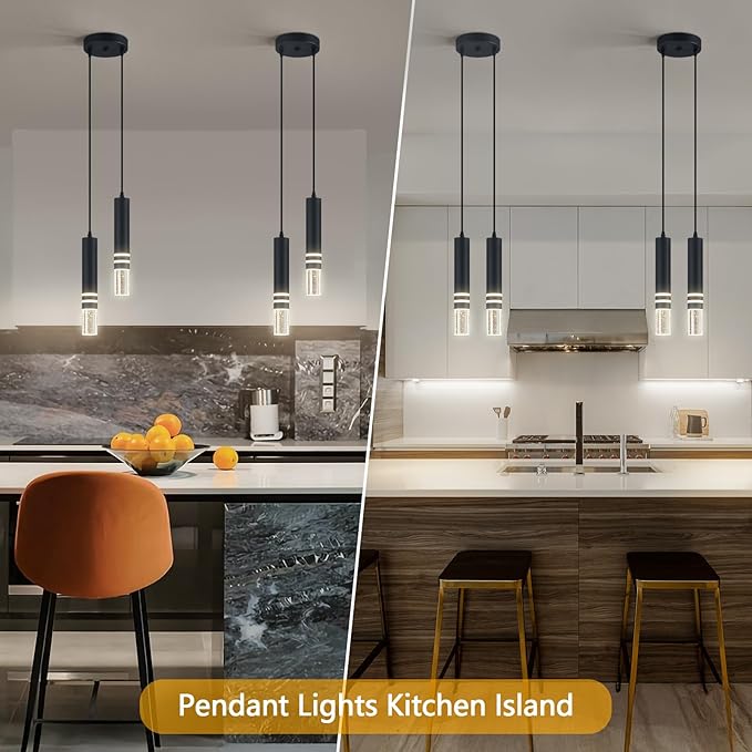 Pendant Lights Kitchen Island, Crystal Pendant Light Fixtures Mini 12W LED Modern Kitchen Pendant Lighting Over Sink and Living Room and Bedroom (Black 2 Light)
