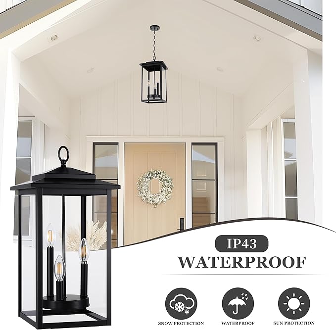 LamQee Large Outdoor Pendant Lights for Porch, 3-Lights Matte Black Outdoor Chandelier Lighting Fixture, Modern Exterior Ceiling Hanging Lantern with Glass, for Front Door Patio Gazebo Entryway Foyer