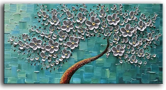 YaSheng Art- 3D Flowers Artwork Oil Painting On Canvas 100% Hand Painted Texture Silver Flowers Paintings Modern Canvas Wall Art Home Bedroom Living Room Office Wall Decor 24x48inch