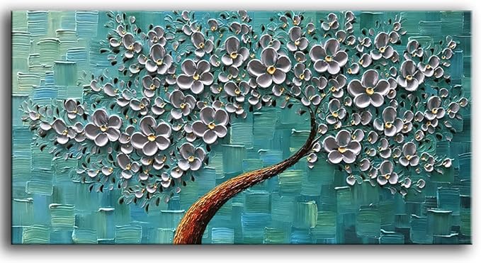 YaSheng Art - 100% hand painted Flower Art Oil Painting On Canvas Texture Silver Flowers Tree Paintings Modern Home Bedroom, Dining Room, Decor Wall Art 3D Abstract Artwork Paintings 20x40inch