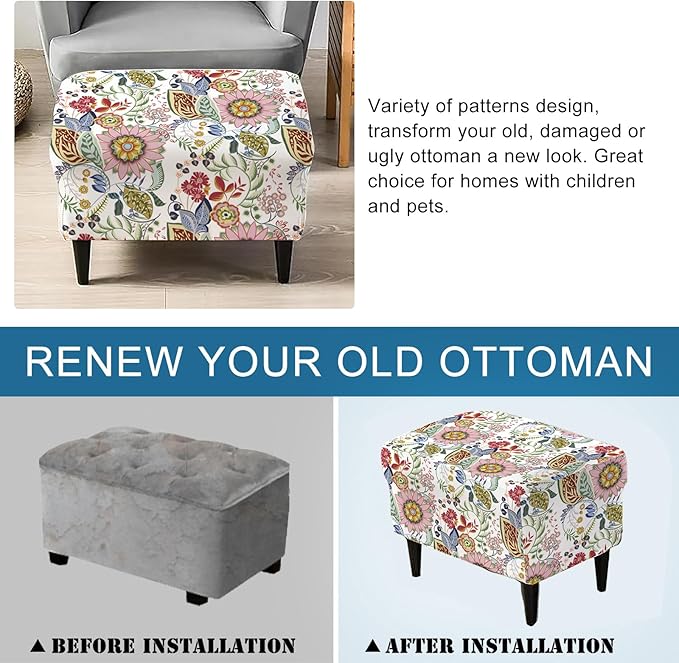 KRFOONN Stretch Ottoman Cover Slipcovers Rectangle Fit Length 55"-63" Footrest Stool Covers Printed Ottoman Cover for Foot Stool Furniture Protector with Non Slip Elastic Bottom, Color 08